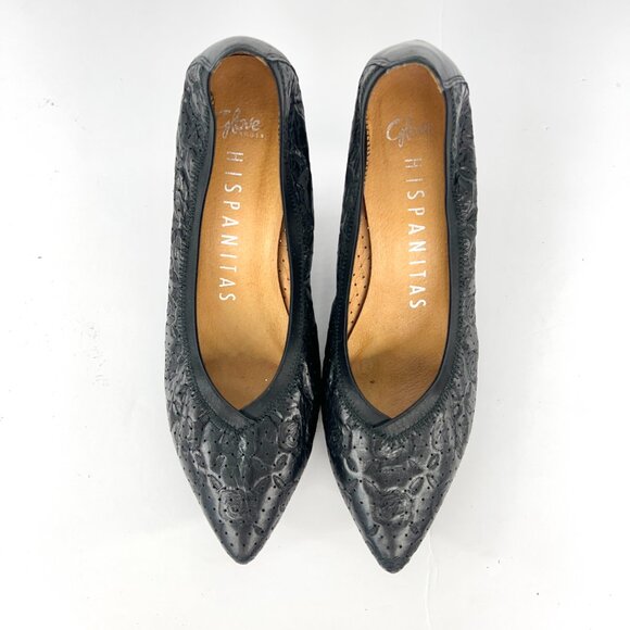 Sz 39 Hispanitas Black Floral Texture Elastic Pointed Toe Pump Heels‎ - Picture 3 of 13